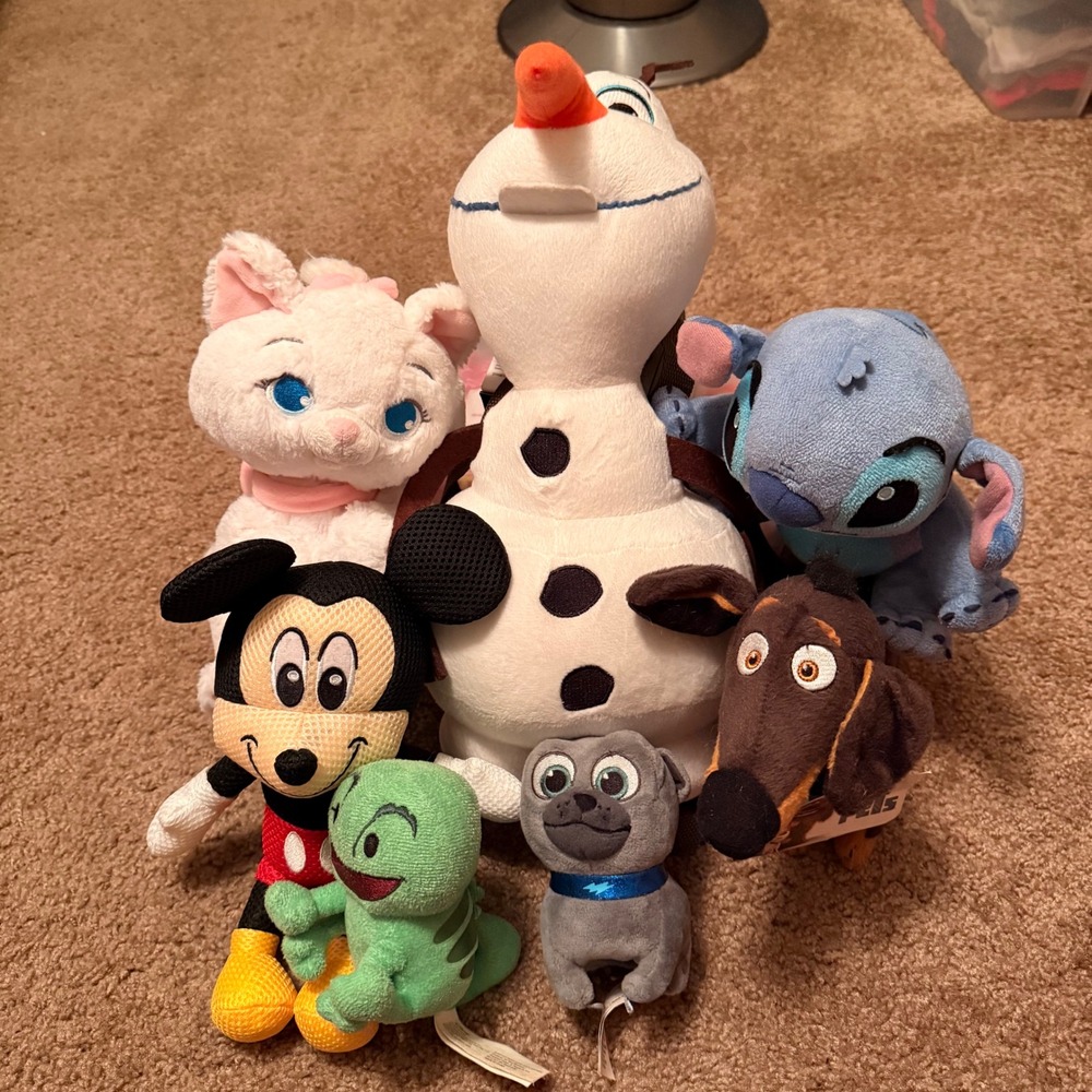 Disney Plush Lot Olaf Backpack Stitch Marie Mickey Mouse Secret Life of Pets